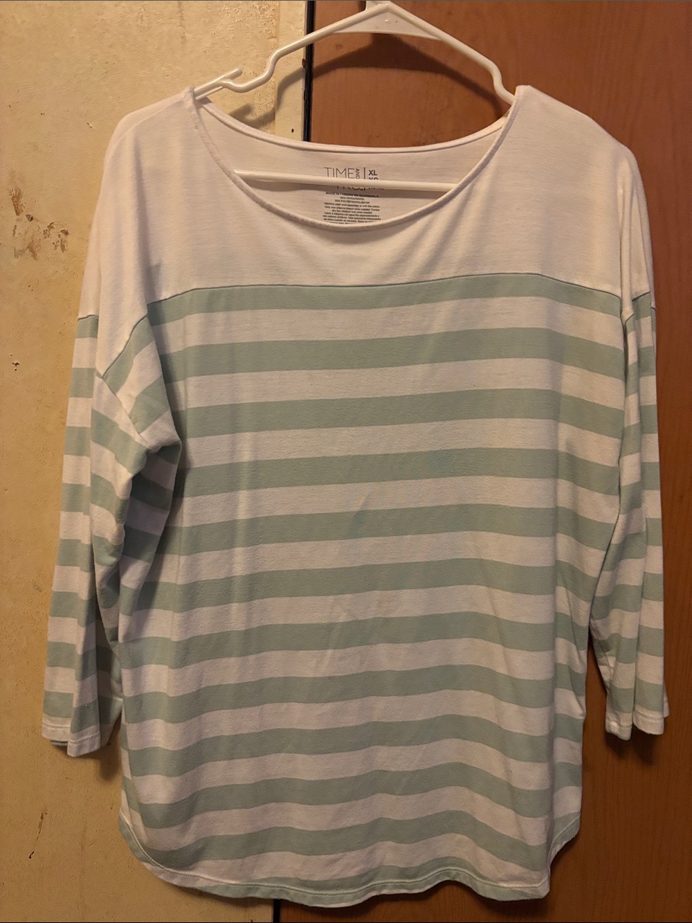 Time and Tru White and Light Green Striped Long Sleeve Tee